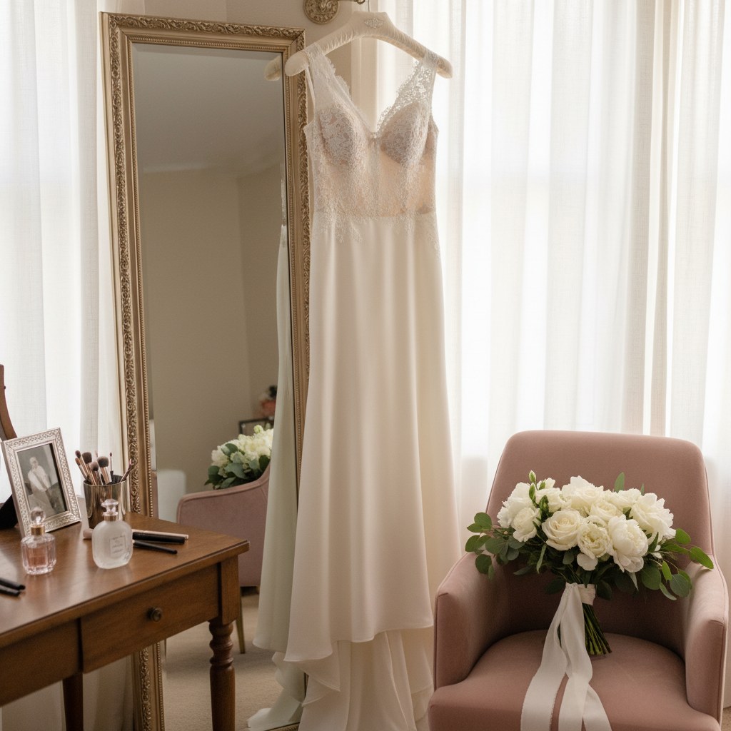 Preparación de novia frente al espejo con vestido blanco y ramo sobre la mesa