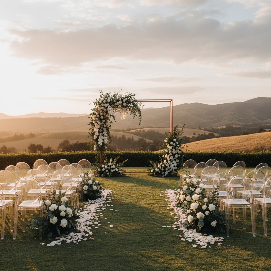 Montaje de ceremonia al aire libre con sillas y arco floral al atardecer