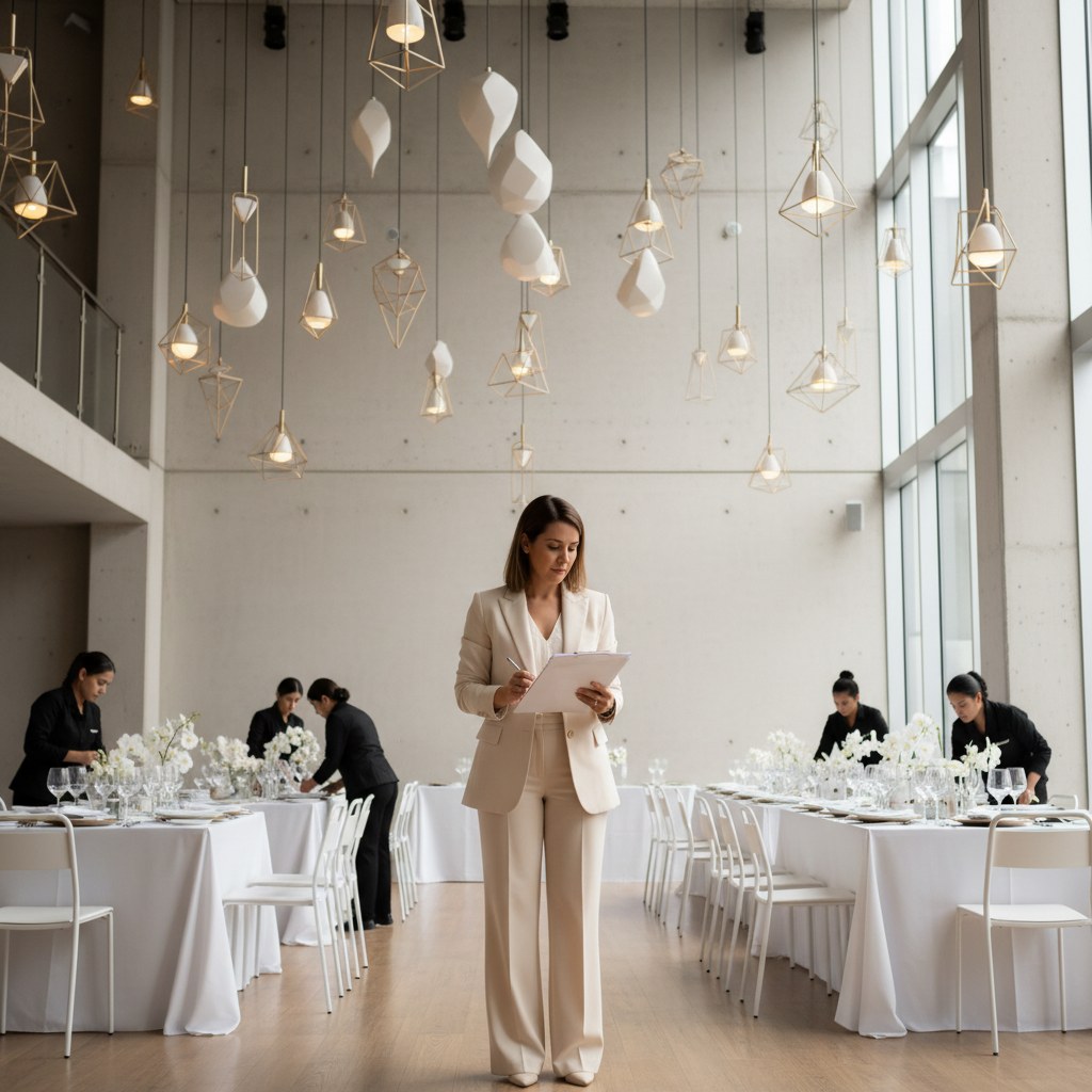 Coordinadora de bodas revisando cronograma en venue elegante de Santiago