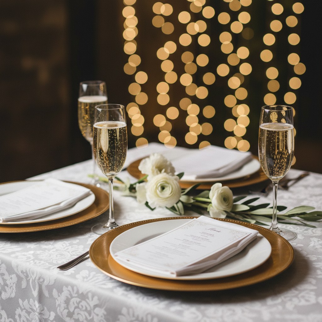 Detalle de mesa de recepción con copas de cristal, servilletas de lino y menú impreso